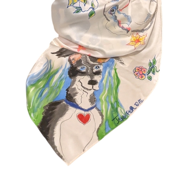 Jennifer Eve Art Accessories - Spring Silk/satin Scarf Hand painted One of A Kind "Best Friends" Dog Print
